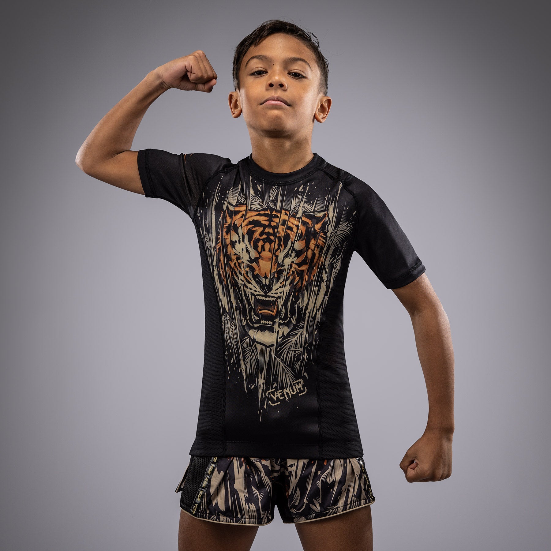 Rashguard à Manches Courtes Venum Tiger pour Enfants - Noir/Orange Néon