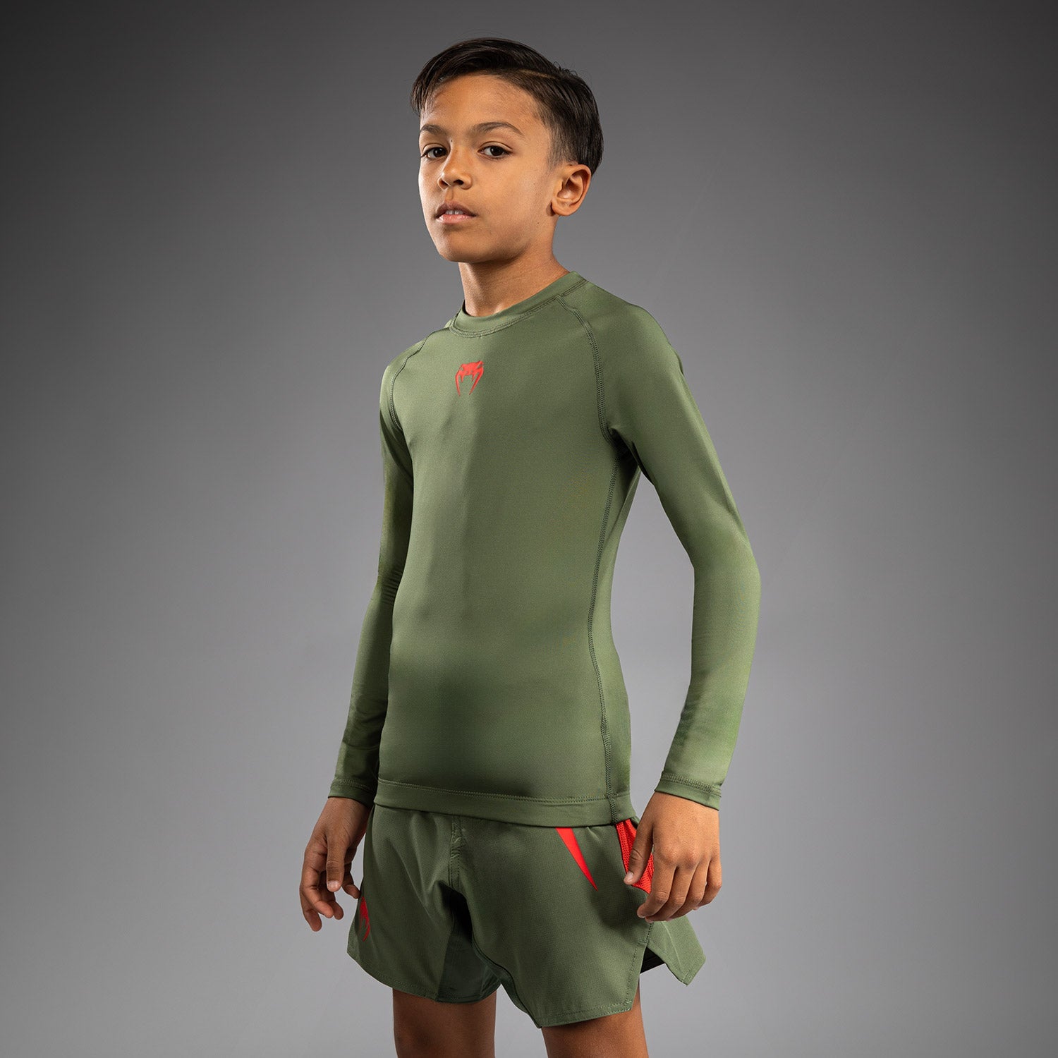 Rashguard Manches Longues pour Enfants Venum Contender - Vert militaire/Orange