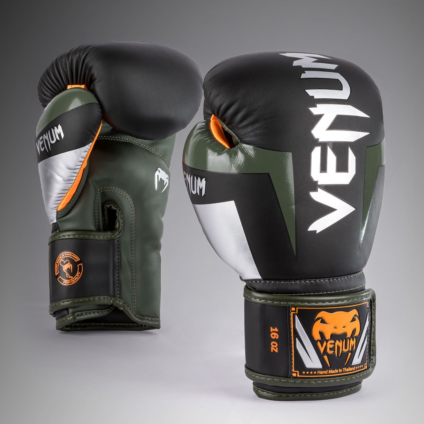 Gants de boxe Venum Elite - Noir/Argent/Kaki